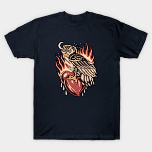 Vintage Owl and Flaming Heart T-Shirt